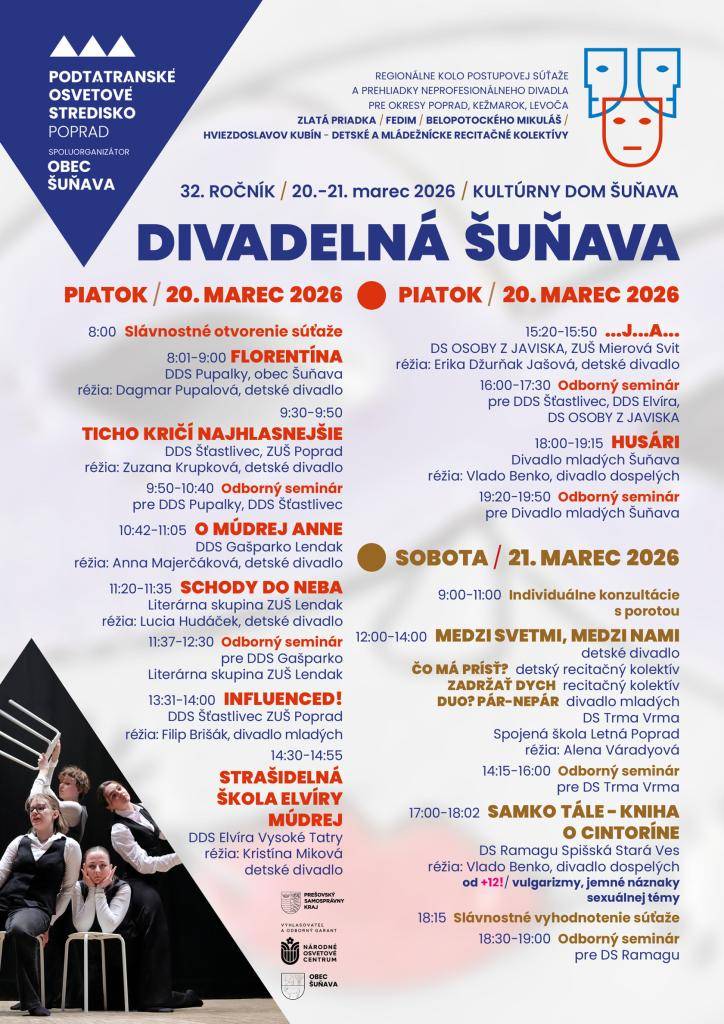 Podtatranské osvetové stredisko a obec Šuňava vás srdečne pozývajú na Divadelnú Šuňavu, ktorá sa uskutoční v dňoch 20. až 21. marca v Kultúrnom dome.