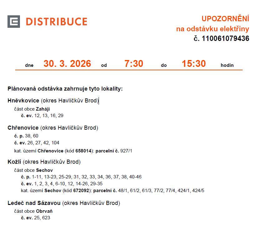 Upozornění na odstávku elektřiny dne 30. 3. 2026 od 7:30 do 15:30 -  Hněvkovice - část obce Zahájí: č. ev. 12, 13, 16, 29