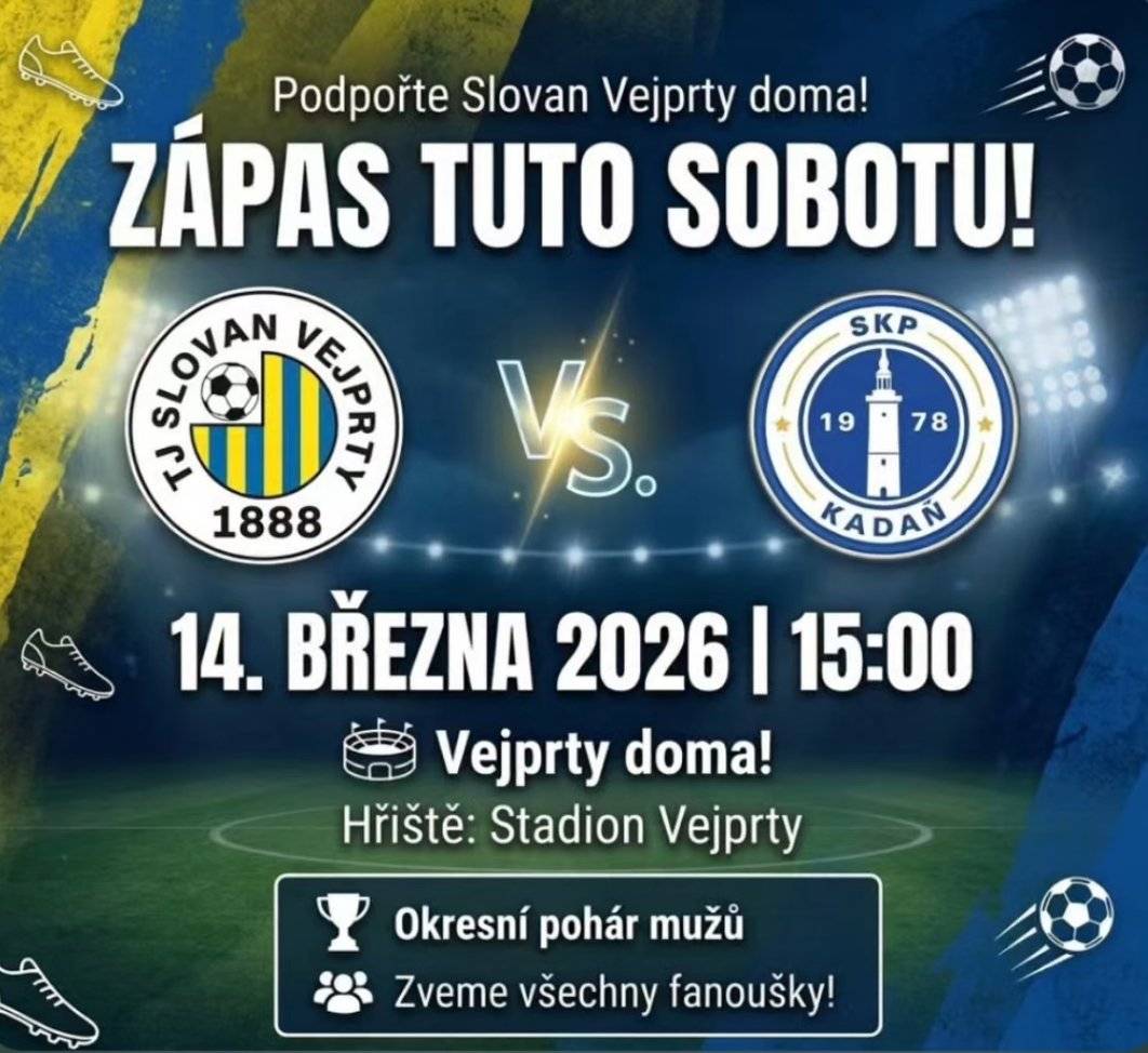 ⚽️ Sobota 14.3. - 15:00 hod. na domácí půdě.  Okresní pohár 2.kolo🏆 TJ Slovan Vejprty - SKP Kadaň  Přijďte fandit a podpořit náš TÝM 🙏🏻