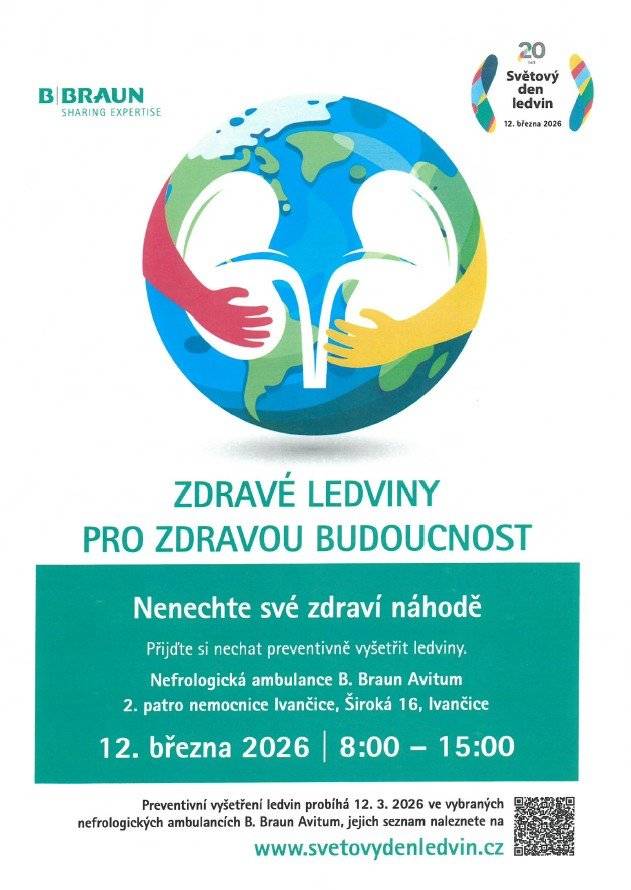 V příloze zveřejňujeme informaci o možnosti využít v rámci Světového dne ledvin bezplatné vyšetření v nefrologické ambulanci v Ivančicích.