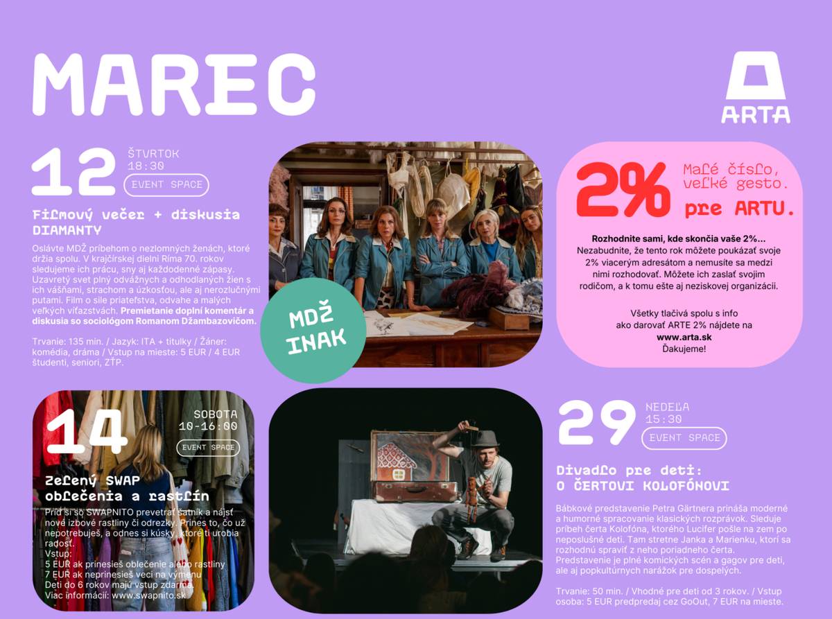 Kultúrno-kreatívne centrum ARTA v Piešťanoch pripravilo na marec pestrý program, ktorý prepája film, komunitné aktivity, divadlo aj literatúru.