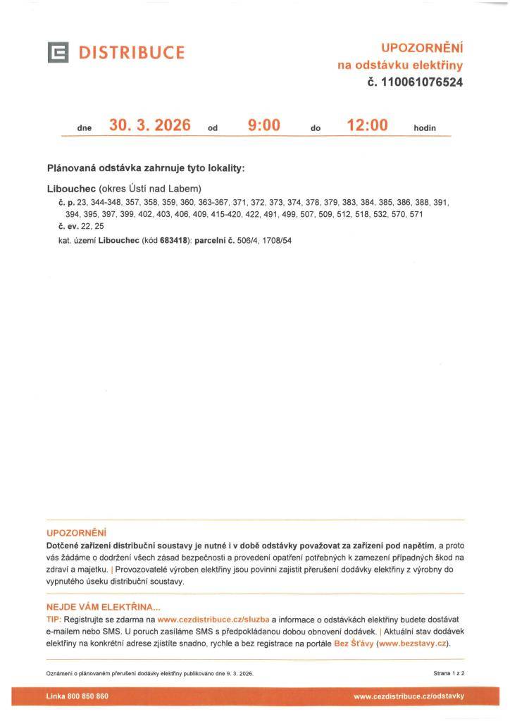 Upozornění na odstávku elektřiny dne 30.3.2026