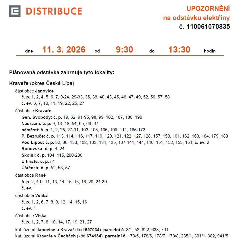 Připomínáme, že zítra dne 11.3.2026 dojde k odstávce elektřiny v čase od 9.30 do 13.30.