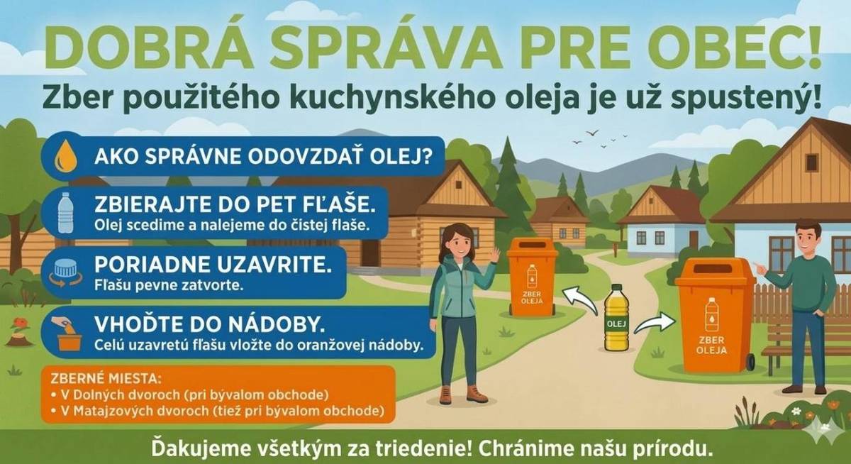 Od viacerých z vás sme dostali otázku, či bude v našej obci zberná nádoba na použitý kuchynský olej.    Máme pre vás skvelú správu – v obci už máme k dispozícii dve takéto nádoby.