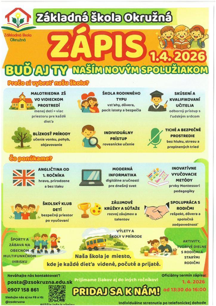 Základná škola Okružná   Zápis 1.4.2026
