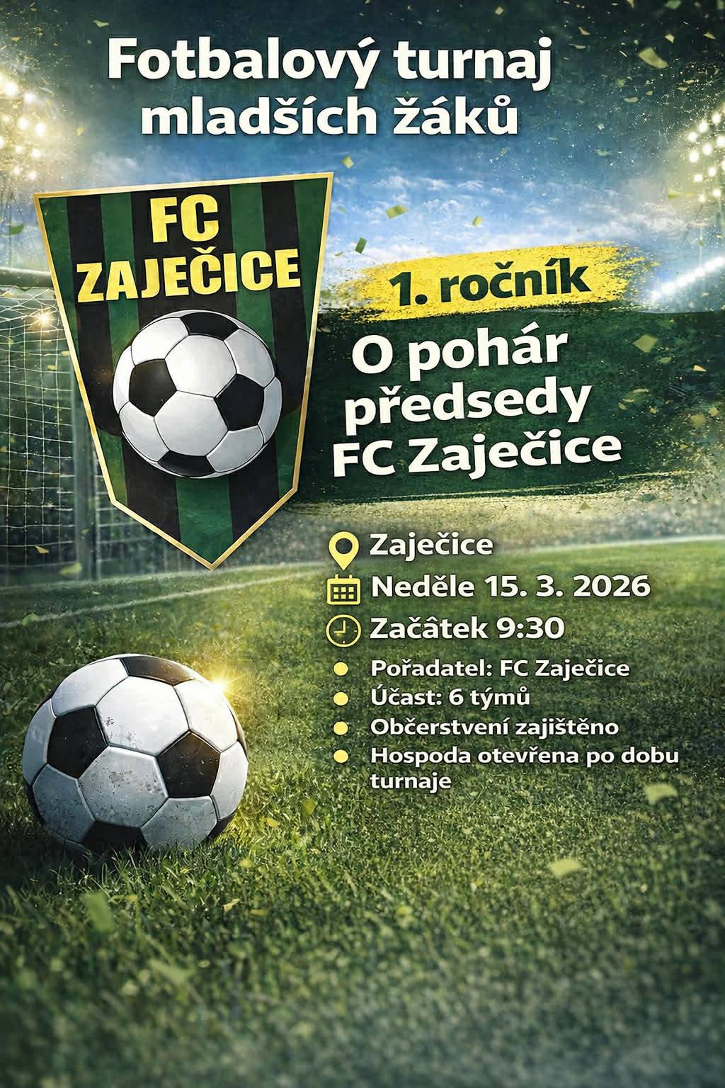 FC Zaječice Vás srdečně zve na fotbalový turnaj mladších žáků, který se uskuteční v neděli 15. 3. 2026 od 9:30 hodin.