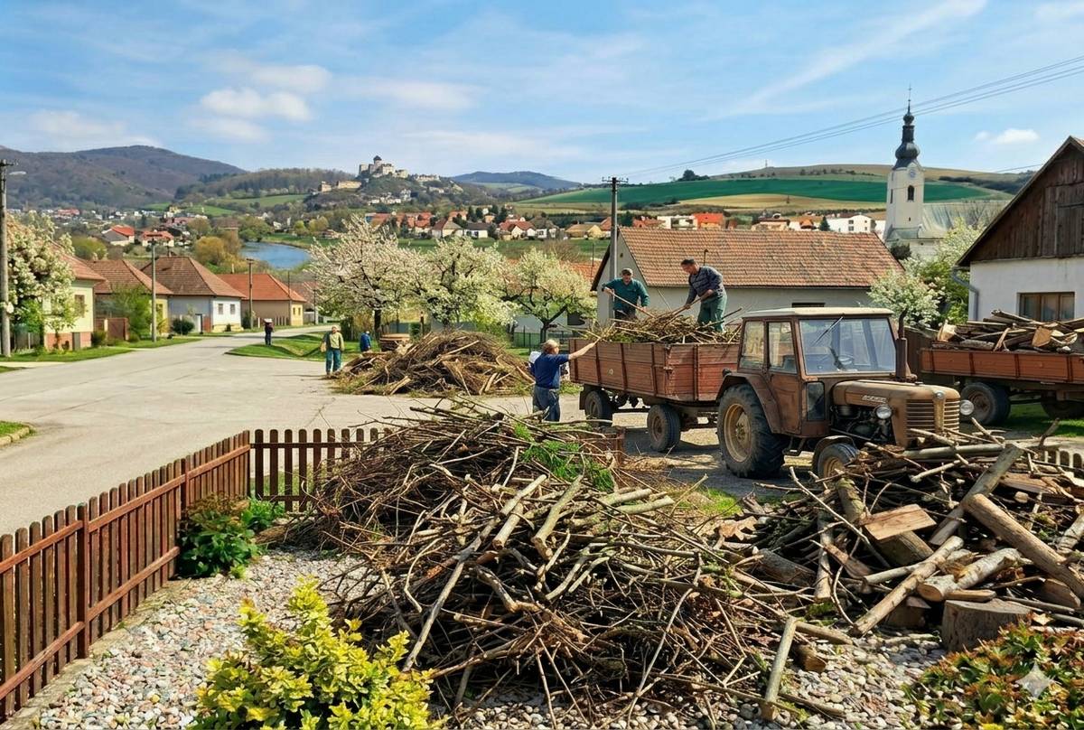 Jarný zber konárov a haluzoviny.