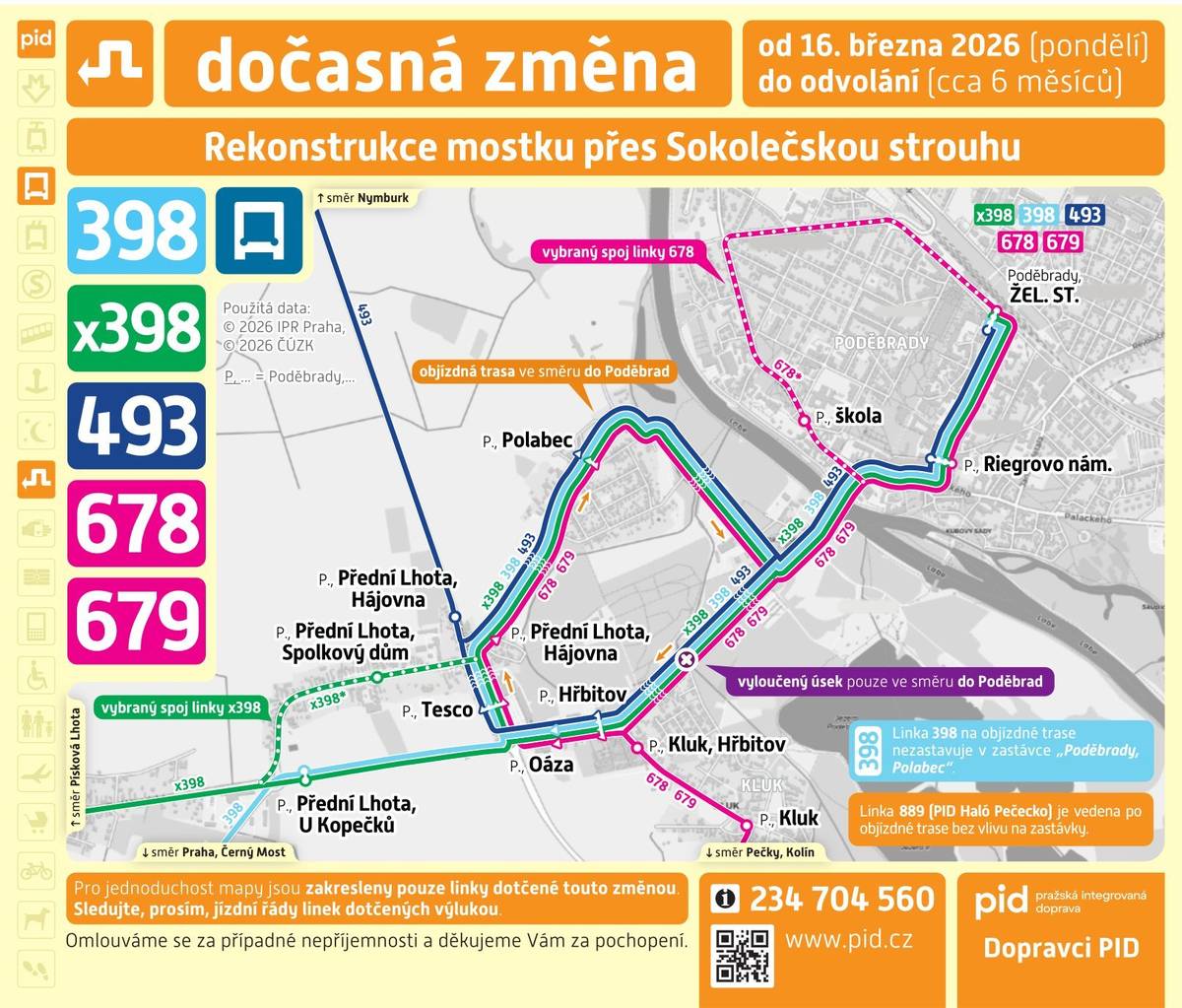 Z důvodu uzavírky na silnici II/611 od 16.3.2026 (rekonstrukce mostku u Poděbrad) dochází ke změně jízdního řádu linky 398.