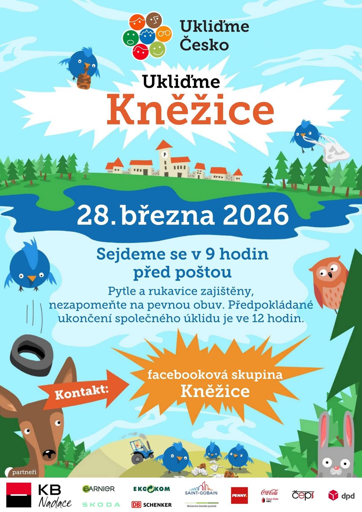 Obec Kněžice pořádá uklízecí akci Ukliďme Kněžice. Společný úklid proběhne v sobotu 28. března 2026. Sraz je v prostoru před poštou v 9:00 hod. Pytle a rukavice zajištěny, nezapomeňte na pevnou obuv. Předpokládané ukončení společného úklidu je ve 12:00 hodin.