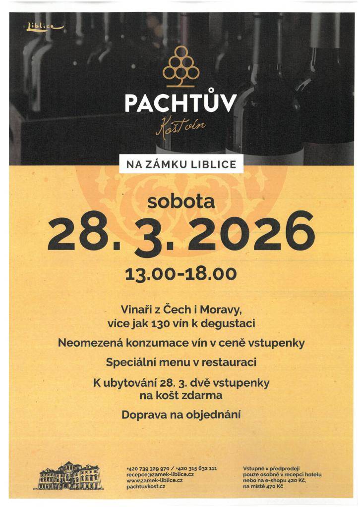 Zámek Liblice vás zve na Pachtův košt vín v sobotu 28.3.2026 od 13:00 do 18:00 hod