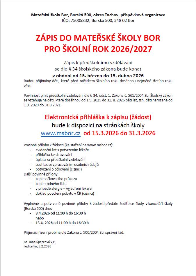 Zápis do Mateřské školy Bor pro školní rok 2026/2027