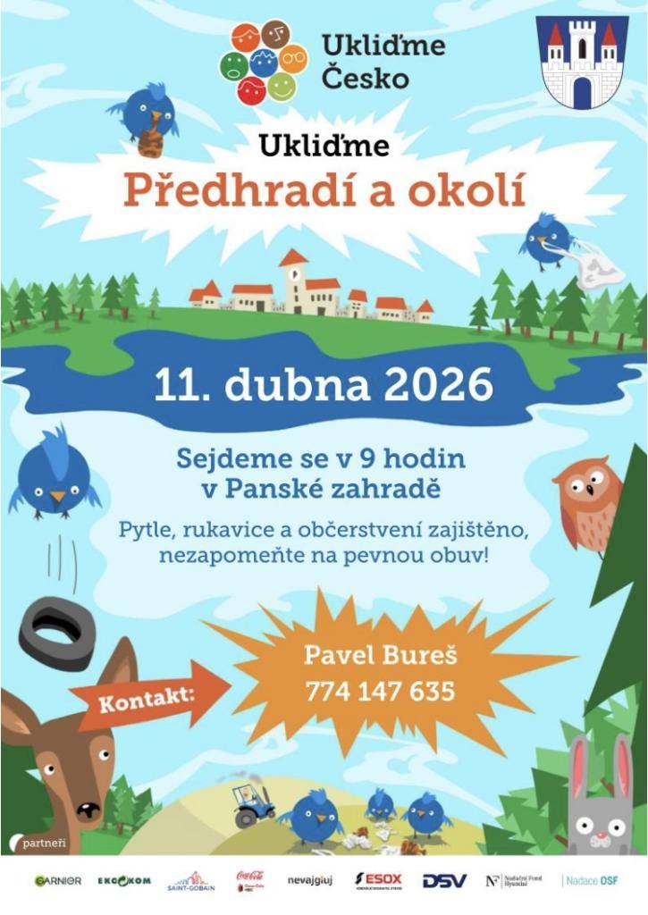 Připojte se k nám v sobotu 11. dubna 2026 a pomozte nám vylepšit naše prostředí.  • Sraz: v 9:00 v Panské zahradě.  • Zajištěno: pytle, rukavice i občerstvení.  • S sebou: nezapomeňte na pevnou obuv.  Více informací podá Pavel Bureš na tel. 774 147 635.