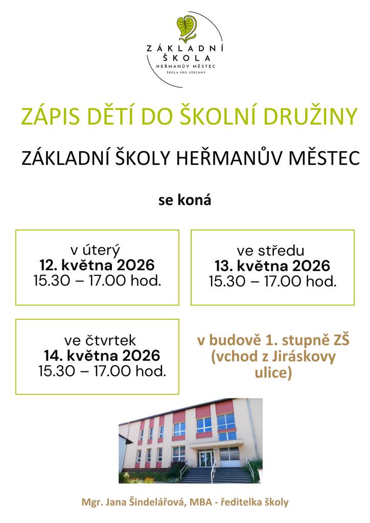 Zápis dětí do školní družiny Základní školy Heřmanův Městec se koná ve dnech 12. až 14. května 2026. Rodiče mohou přivést děti v úterý a ve středu od 15:30 do 17:00 hodin, a ve čtvrtek také v tomto časovém rozmezí.