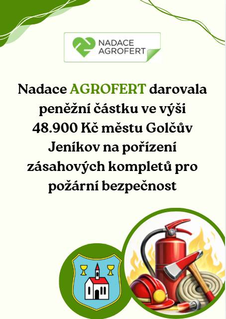 Nadace Agrofert poskytla městu Golčův Jeníkov finanční příspěvek ve výši 48.900 Kč na pořízení zásahových kompletů pro požární bezpečnost