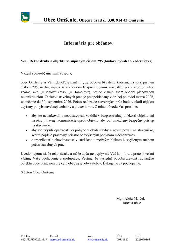 Informácia pre občanov - rekonštrukcia domu č.295