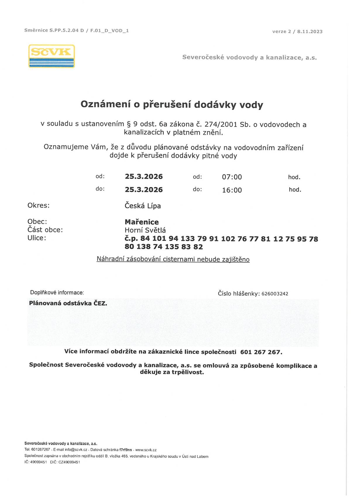 Dne 25.03.2026 od 7:00h. do 16:00 h.