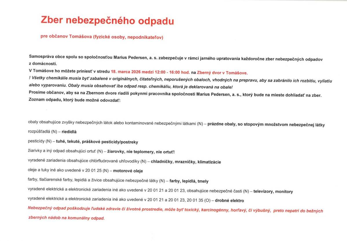 18. marca 2026 (streda) medzi 12:00 a 16:00 hod. na Zbernom dvore v Tomášove
