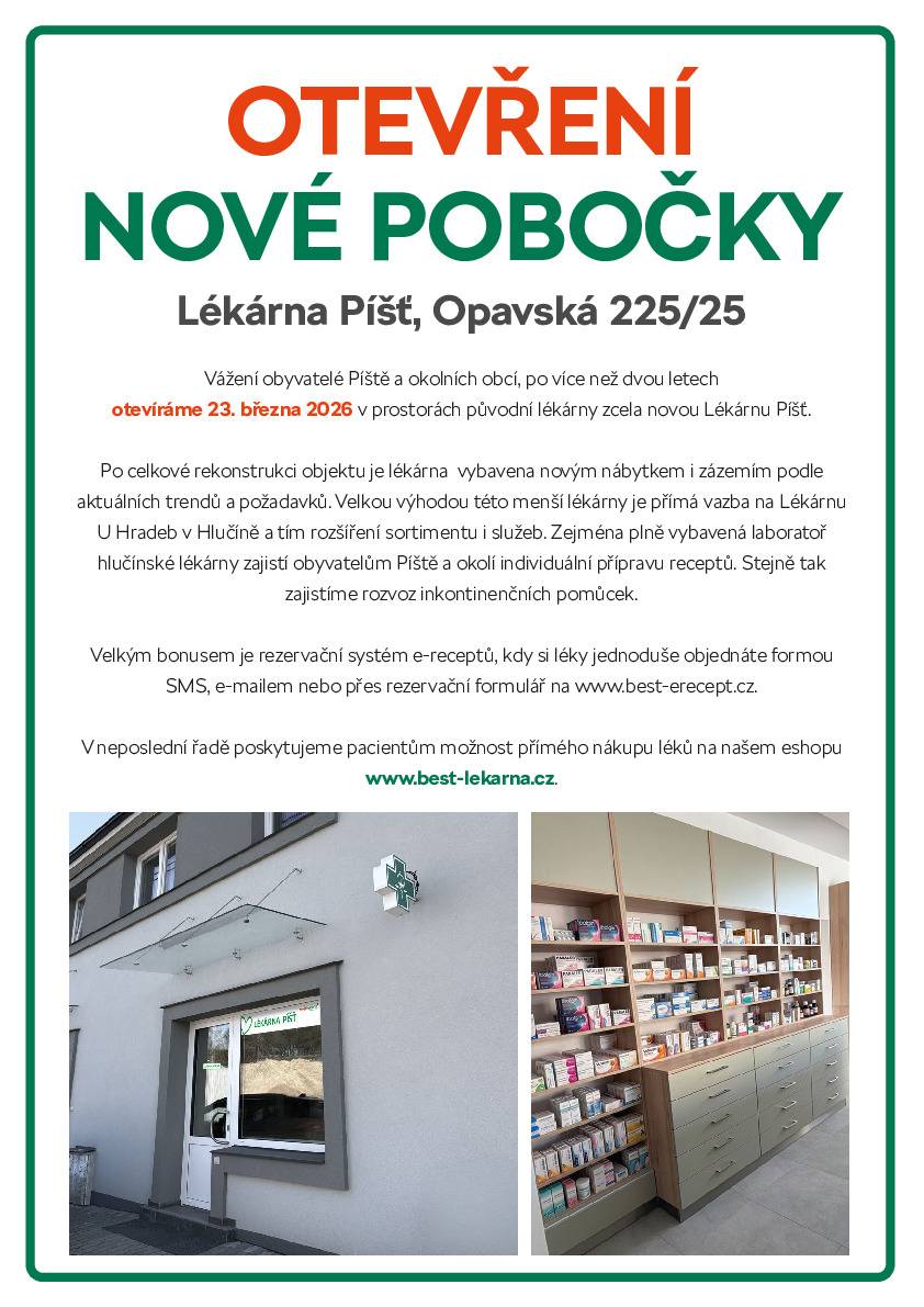 Lékárna Píšť bude mít nově otevřeno od 23.3.2026.