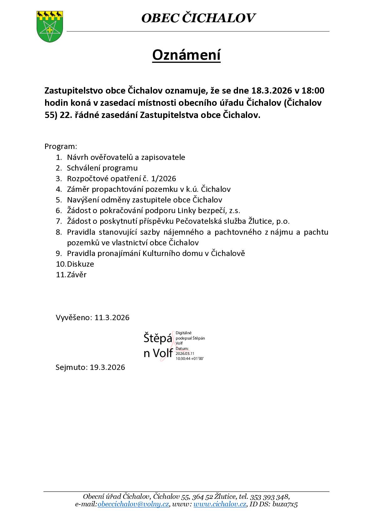 Zasedání zastupitelstva obce Čichalov 18.3.2026 od 18:00 na OÚ Čichalov.