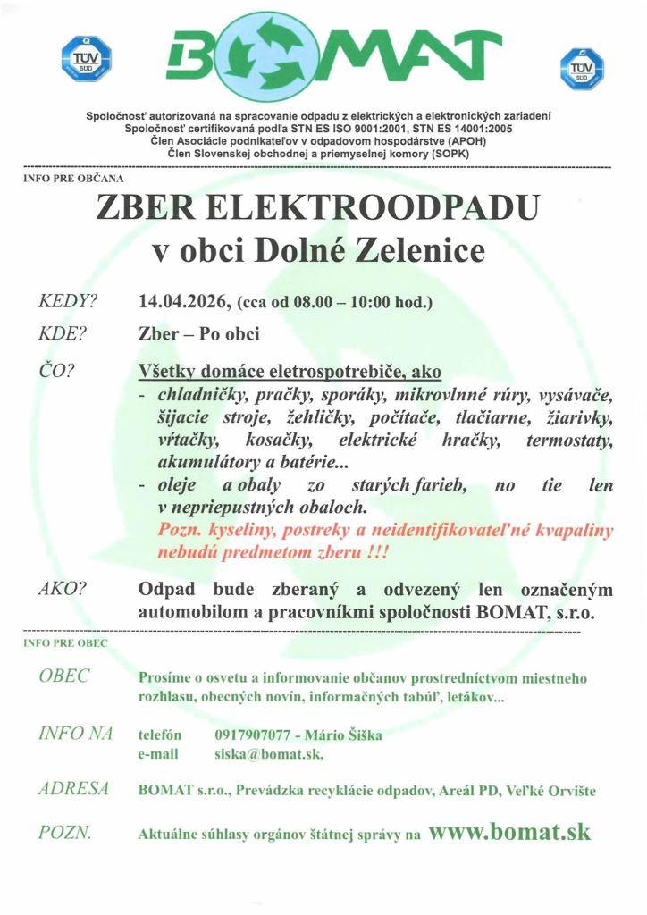 Zber elektroodpadu v obci Dolné Zelenice dňa 14.04.2026   cca od 8.00 - 10.00 hod.