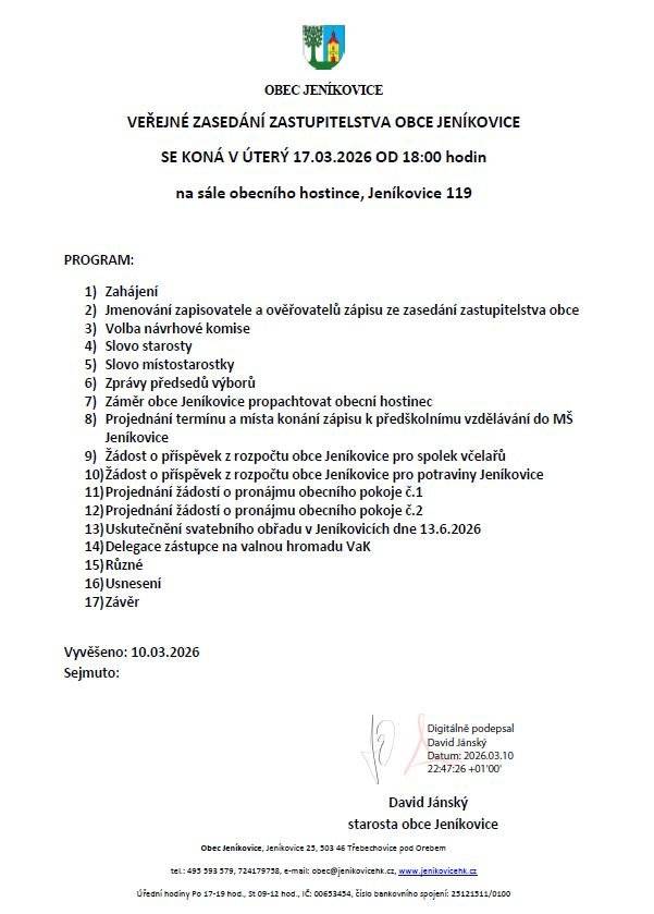 Zveme Vás na veřejné zasedání zastupitelstva obce Jeníkovice, které proběhne v úterý 17.3.2026 od 18:00 hodin v sále obecního hostince, Jeníkovice 119