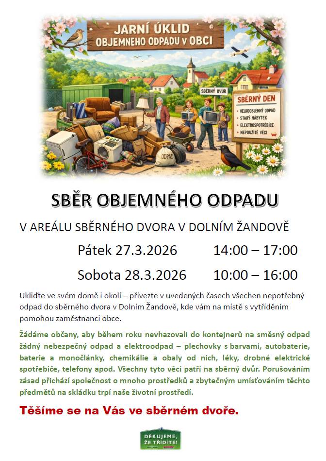 Jarní úklid velkoobjemového odpadu ve sběrném dvoře 27.3. 14:00 - 17:00, 28.3. 10:00 - 16:00