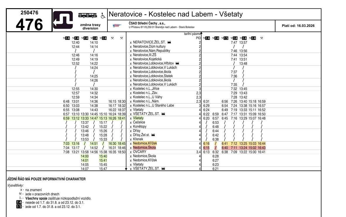 Upozorňujeme na změnu jízdního řádu linky 476 od pondělí 16.3., zejména pro školáky. Ráno odjíždí z Nedomic (od školy) 2 spoje: 6:40 a 7:11. Ze školy 13:12 a další zeleně označené spoje. Další spoj 13:33 jede přes Konětopy a cesta trvá 30 min.
