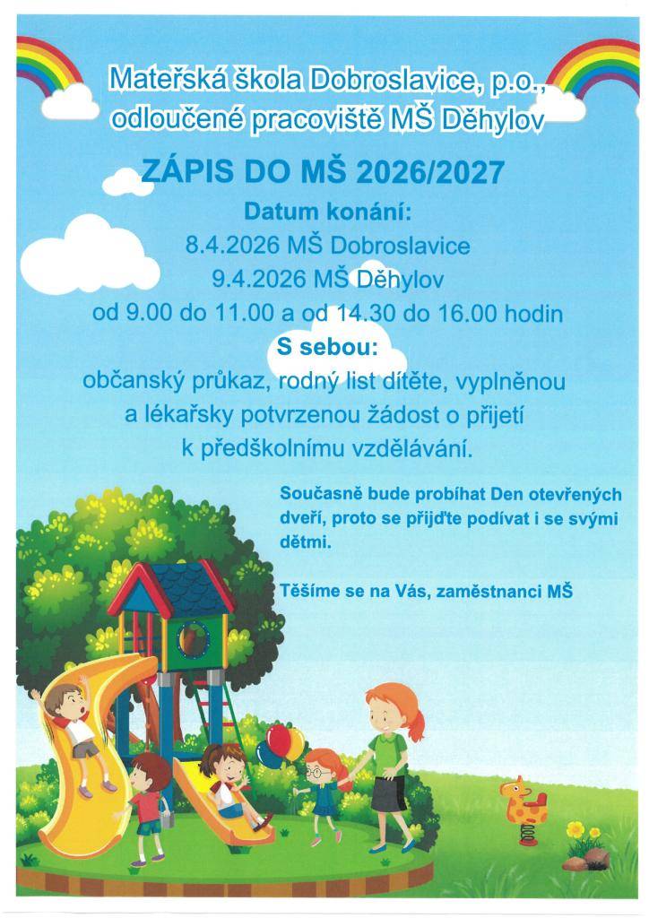 Zveme Vás na zápis do MŠ pro školní rok 2026/2027