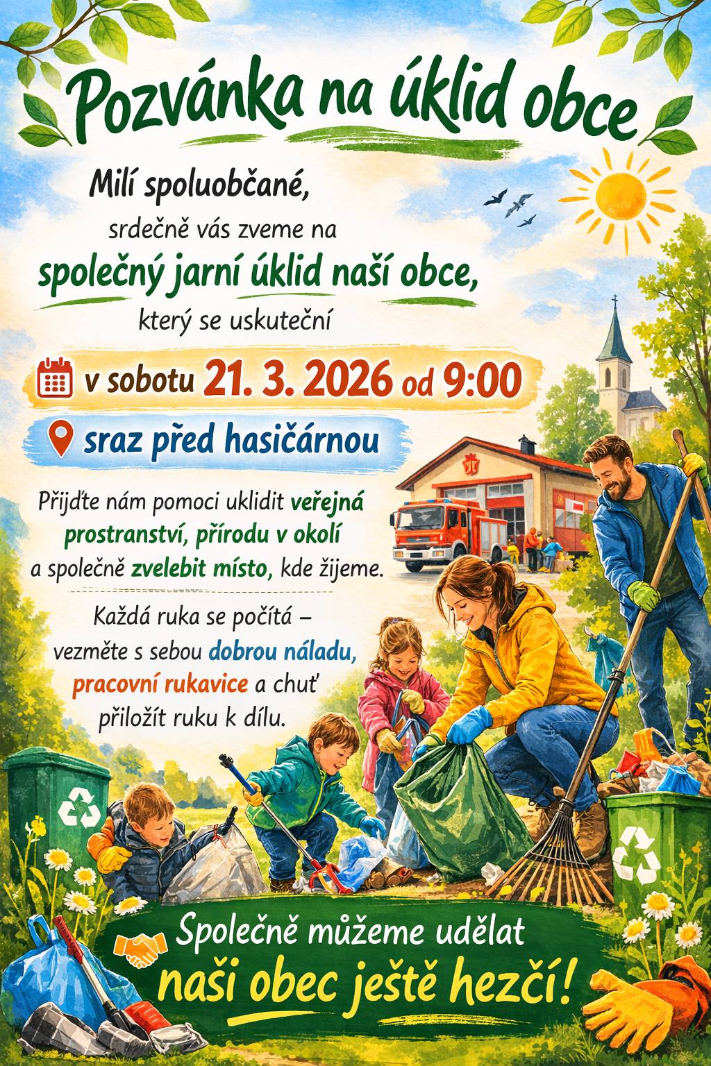 Milí spoluobčané, srdečně vás zveme na společný jarní úklid naší obce, který se uskuteční  v sobotu 21. 3. 2026 od 9:00 , sraz před hasičárnou. Přijďte nám pomoci uklidit veřejná prostranství, přírodu v okolí a společně zvelebit místo, kde žijeme. Každá ruka se počítá – vezměte s sebou dobrou náladu, pracovní rukavice a chuť přiložit ruku k dílu.  Společně můžeme udělat naši obec ještě hezčí!
