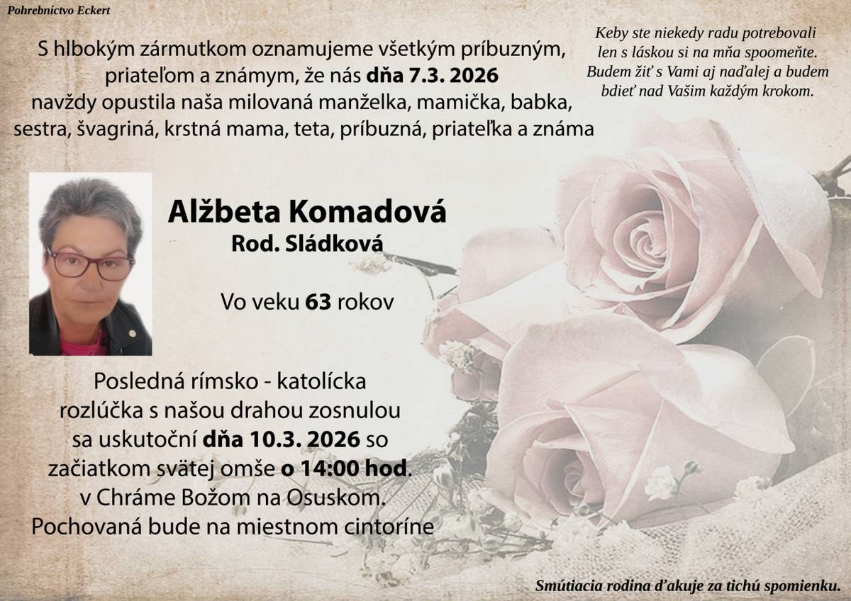 Smútočné oznámenie - Alžbeta Komadová, rod. Sládková