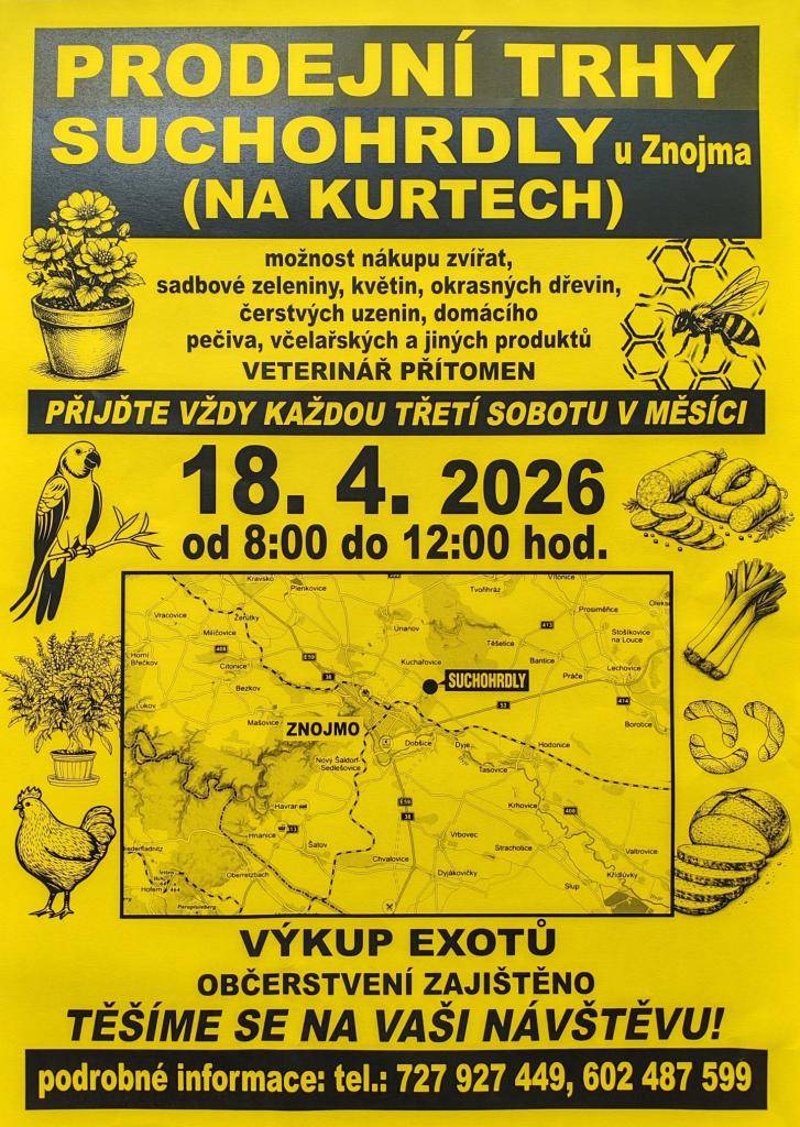 Vždy každou třetí sobotu v měsíci. První trhy 18.4.2026 od 8h-12h na kurtech.
