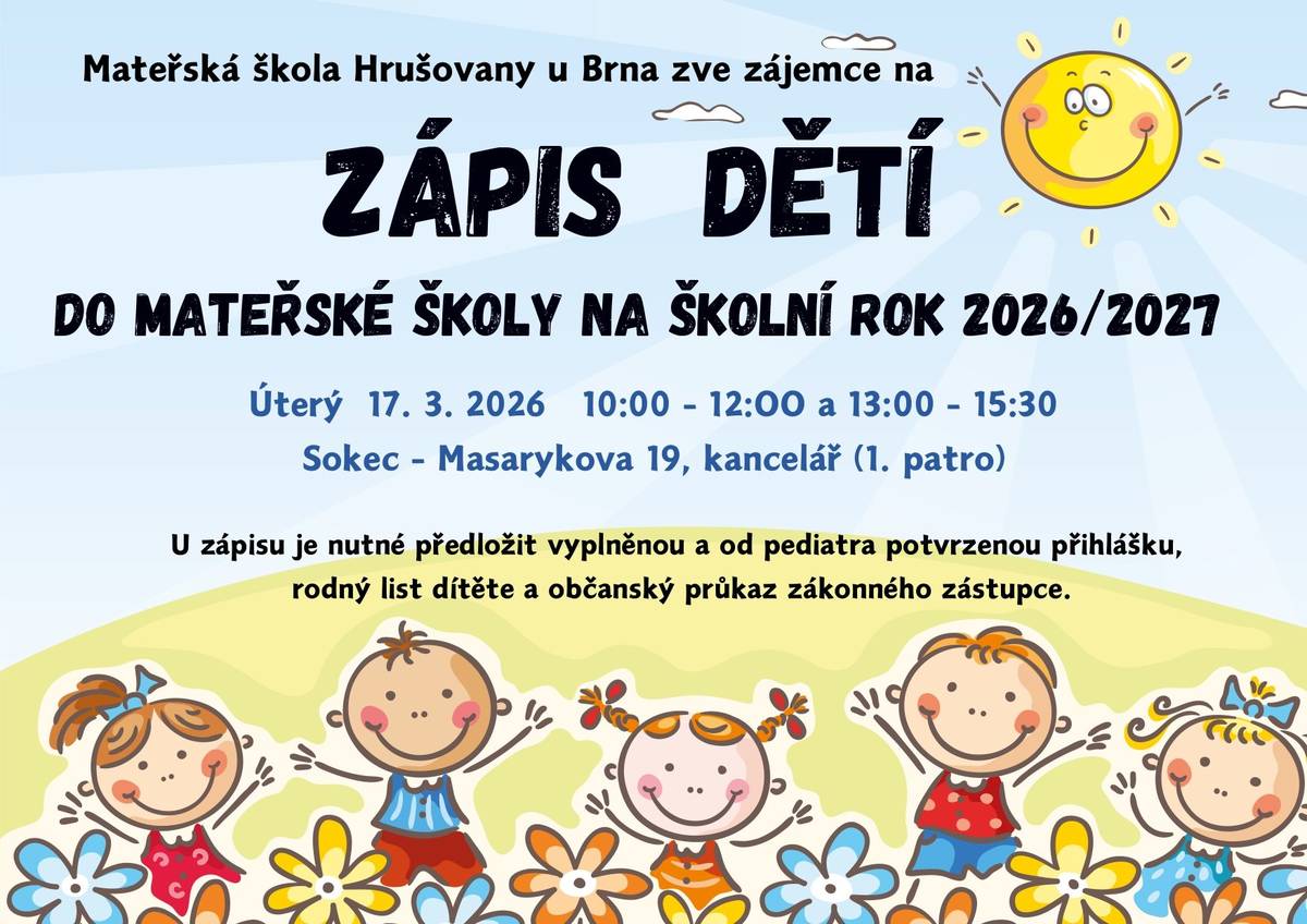 U zápisu je nutné předložit vyplněnou a od pediatra potvrzenou přihlášku, rodný list dítěte a občanský průkaz zákonného zástupce.