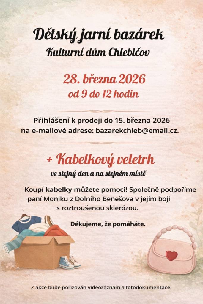 Dětský jarní bazárek se koná 28. března 2026 od 9 do 12 hodin v kulturním domě. Přihlášky k prodeji do 15. března.