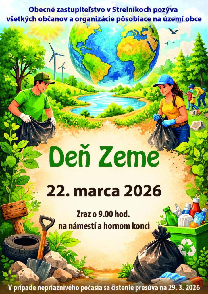Obecné zastupiteľstvo v Strelníkoch pozýva všetkých občanov a organizácie na čistenie obce, ktoré sa uskutoční 22. marca 2026 o 9.00 hod. na námestí a hornom konci. V prípade nepriaznivého počasia sa akcia presunie na 29. marca 2026.