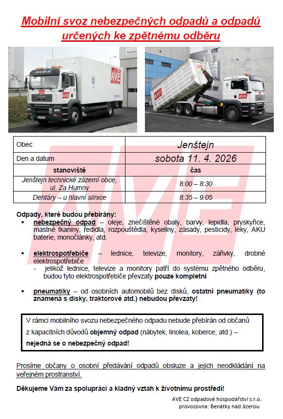 Sběr bude probíhat tradičně ze dvou stanovišť - Jenštejn a Dehtáry.