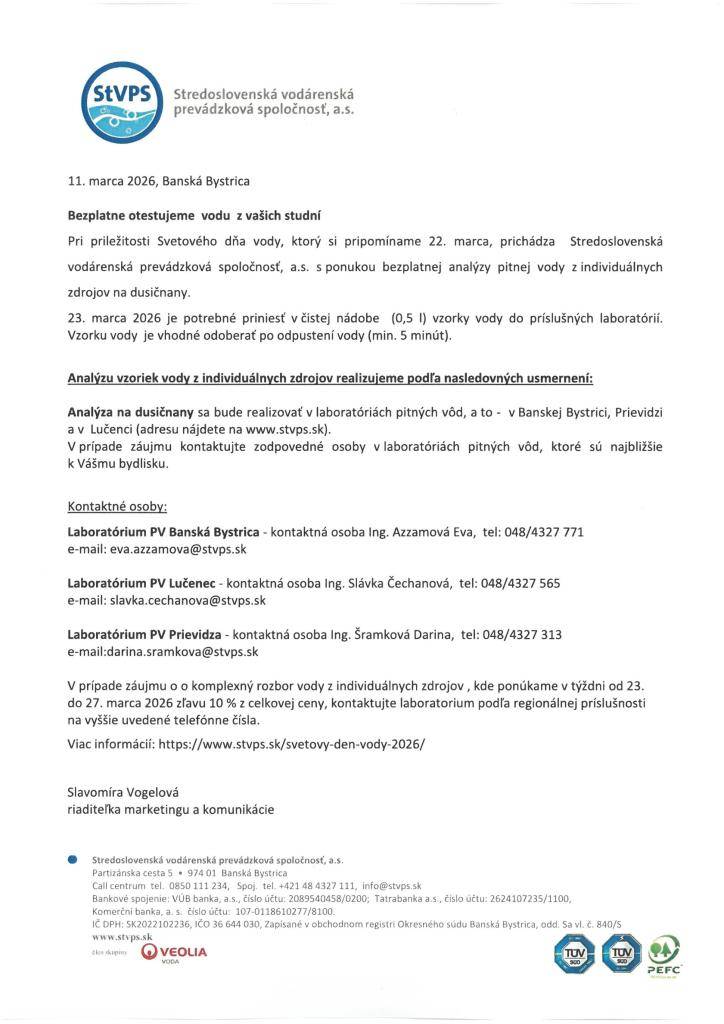 StVPS a.s., vykonáva analýzu vzorky vody, ktorú treba priniesť 23. marca 2026 do Laboratória VP Prievidza.