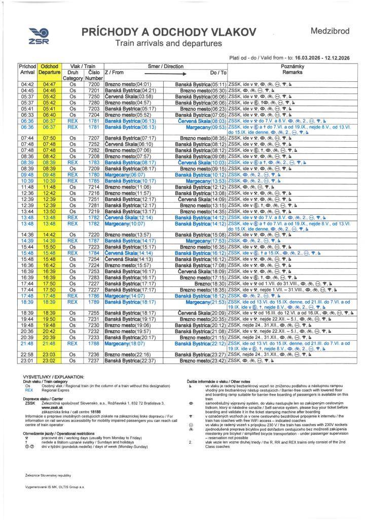V prílohe nájdete nové príchody a odchody vlakov zo železničnej stanice Medzibrod, platné od 16.03.2026.