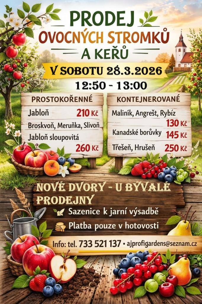 Jaro je zde a s ním přichází skvělá příležitost pro všechny zahrádkáře. Zajistili jsme pro vás pojízdnou prodejnu s ovocnými stromky, která brzy navštíví naši obec.