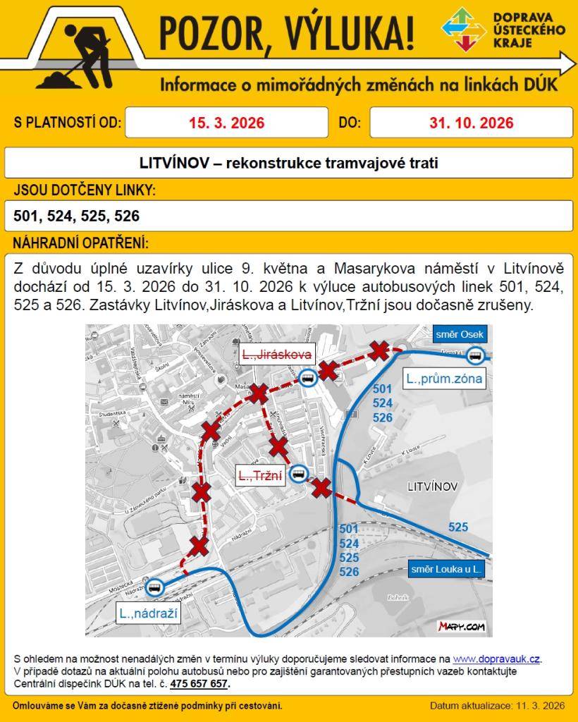 15.3.2026 - 31.10.2026  z důvodu úplné uzavírky ul. 9. května a Masarykova náměstí v Litvínově