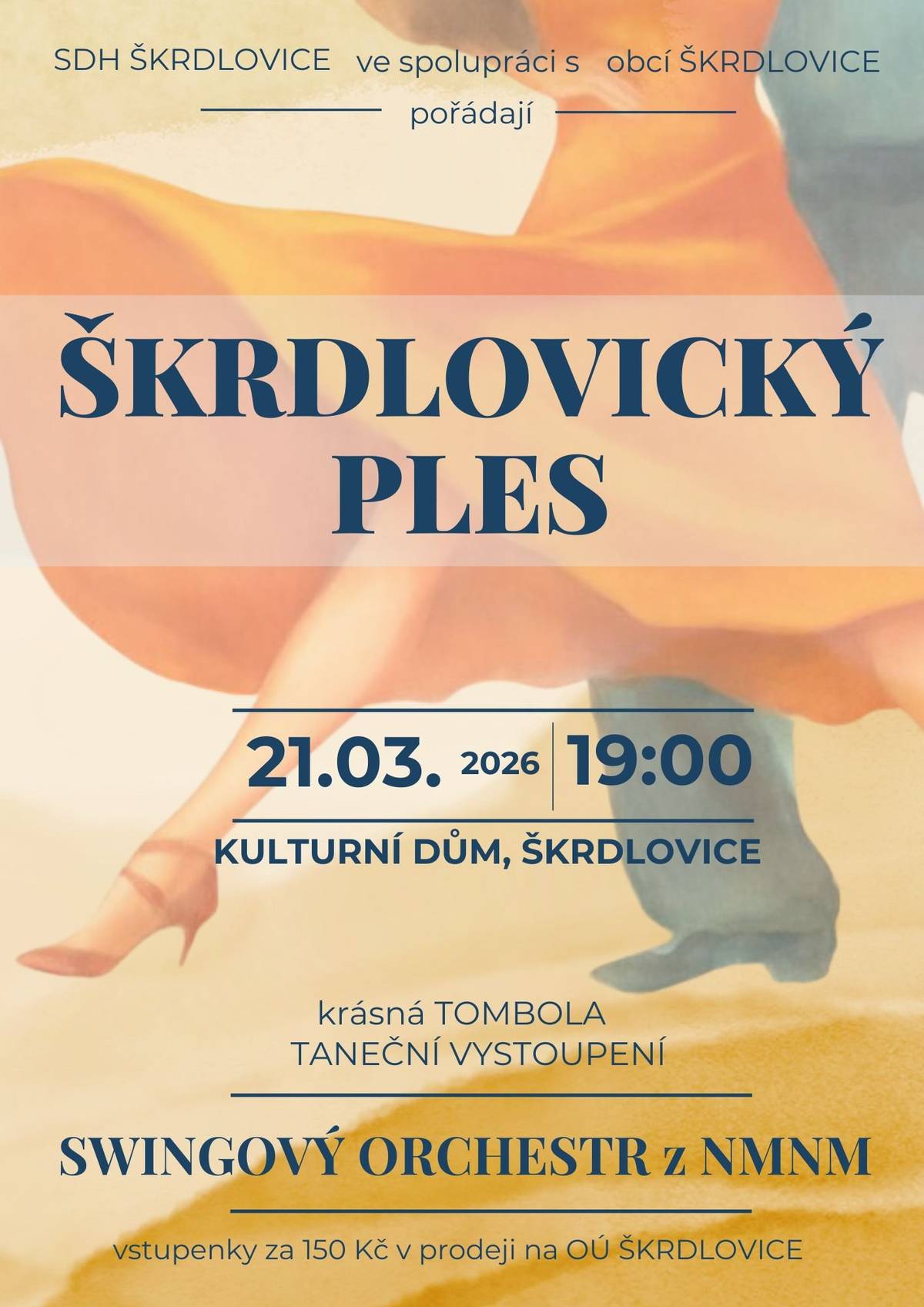 Milí sousedé, obec Škrdlovice Vás srdečně zve na škrdlovický ples, který se uskuteční v sobotu 21.3.2026 od 19hod v našem kulturním domě. Oprašte střevíce, vyžehlete košile a připravte se na večer plný tance, hudby a dobré nálady! Čeká Vás skvělá muzika, krásná tombola a hlavně spousta zábavy s lidmi, které znáte — a možná i s těmi, které poznáte až na parketu. Přijďte se pobavit, protáhnout boky a ukázat, že ve Škrdlovicích je fajn! Vstupenky za 150Kč k zakoupení na obecním úřadě Těšíme se na Vás! Vaše obec Skrdlovice 💃🕺