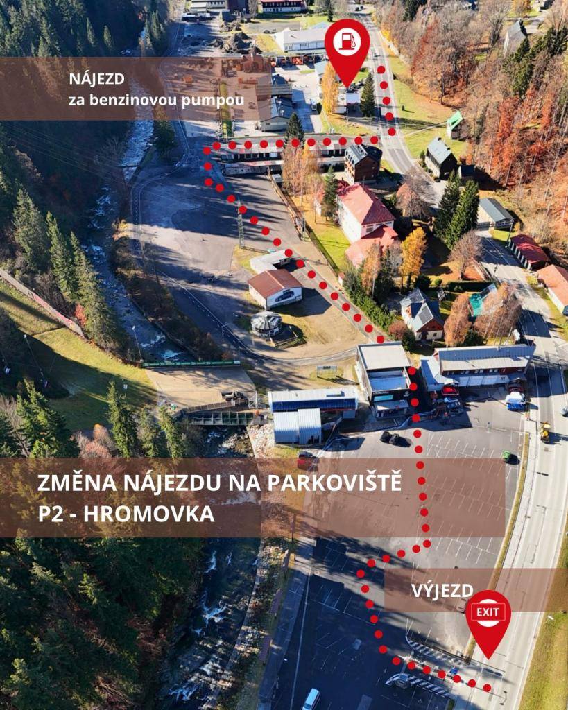 Město Špindlerův Mlýn zavádí od letošní zimní sezóny významné změny v dopravním systému. Klíčový je nový nájezd na parkoviště P2 u lanové dráhy Hromovka.