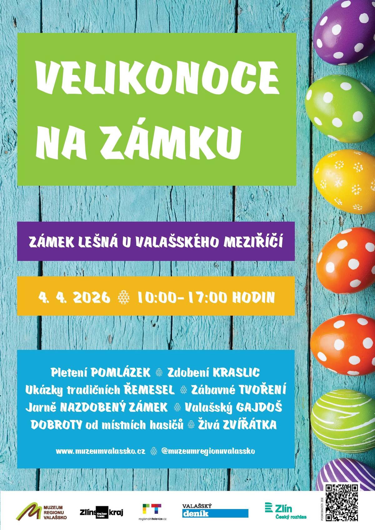 Zámek Lešná u Valašského Meziříčí ožije v sobotu 4. dubna pravou velikonoční atmosférou. Zájemci si budou moci uplést vlastní tatar, namalovat kraslici, vytvořit výrobek z kukuřičného šustí nebo se nechat zasvětit do tajů tradičních řemesel. Ať už prostřednictvím řezbářské dílny s výrobou lodiček a píšťalek či při ukázkách práce s ovčí vlnou. Součástí nabídky budou i komentované prohlídky jarně vyzdobeného zámku a chybět nebudou ani živá zvířátka z farmy chovatele Vojtěcha Molka. O hudební doprovod se postará známý valašský gajdoš Petr Sovják. Místní hasiči a další prodejci připraví nejrůznější dobroty pro děti i dospělé. Více na https://www.muzeumvalassko.cz/akce-a-vystavy/velikonoce-na-zamku-lesna-2