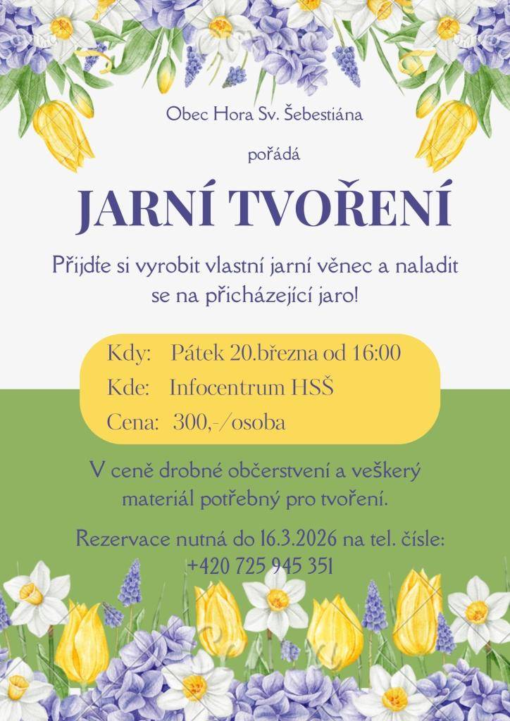 Přijďte si vyrobit vlastní jarní věnec a naladit se na přicházející jaro. Akce se koná v pátek 20. března od 16:00 v Infocentru HSŠ. V ceně drobné občerstvení a veškerý materiál potřebný pro tvoření. Omezený počet míst, rezervace nutná.