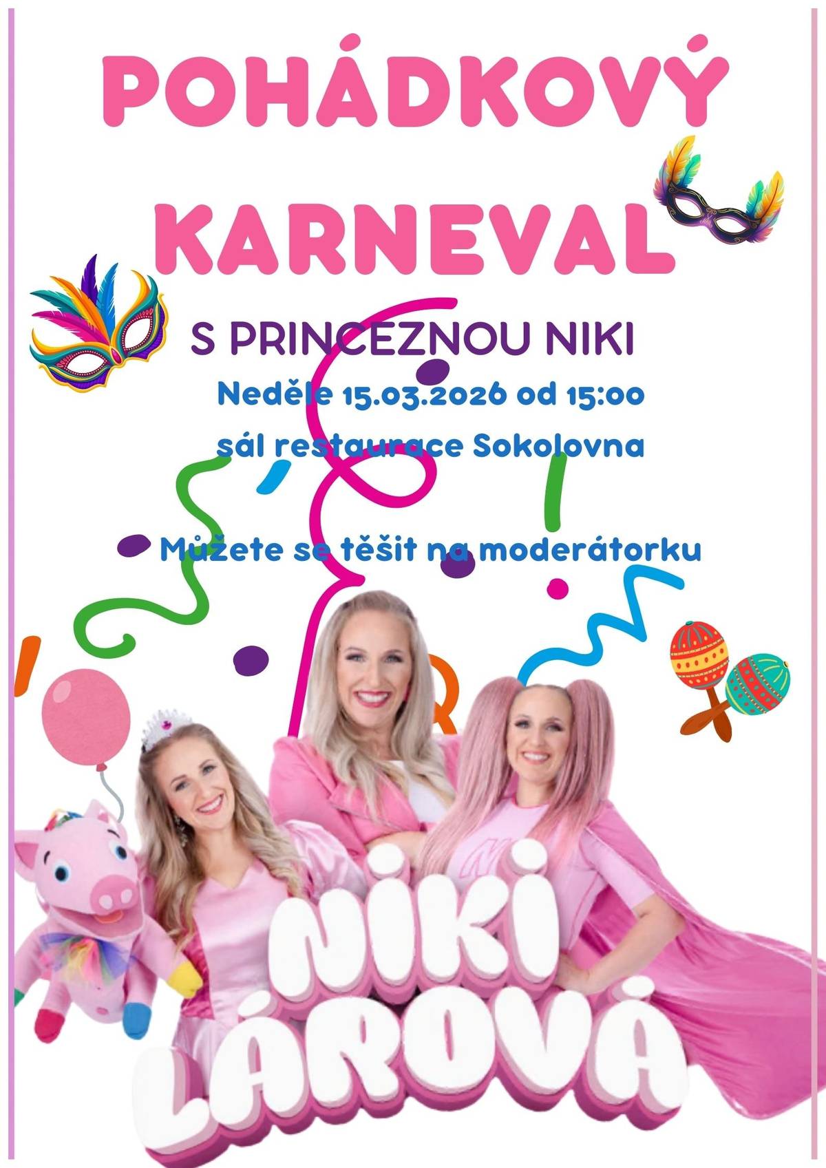 Obec Červený Újezd pořádá již tuto neděli 15.03.2026 od 15:00 hodin v sále místní sokolovny "Pohádkový karneval" s moderátorkou Niki Lárovou. Těšíme se na všechny děti i jejich rodiče. Hezký den 😉