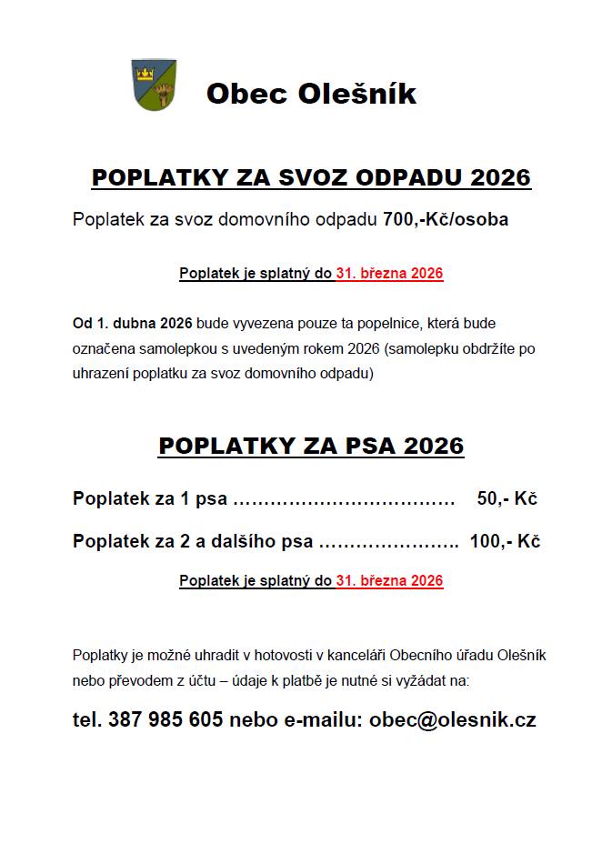 Nutno uhradit do 31. 3 2026! Od 1. 4. 2026 Vám nebude vyvezena popelnice bez samolepky s označením roku 2026!