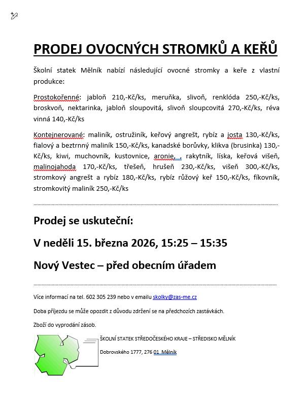 Prodej ovocných stromků a keřů