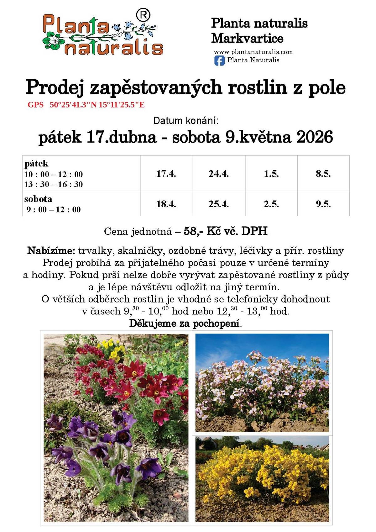 od 17. dubna 2026 do 9. května 2026 pátky od 10:00 do 12:00       od 13:30 do 16:30 soboty od 9:00 do 12:00 více viz. letáček