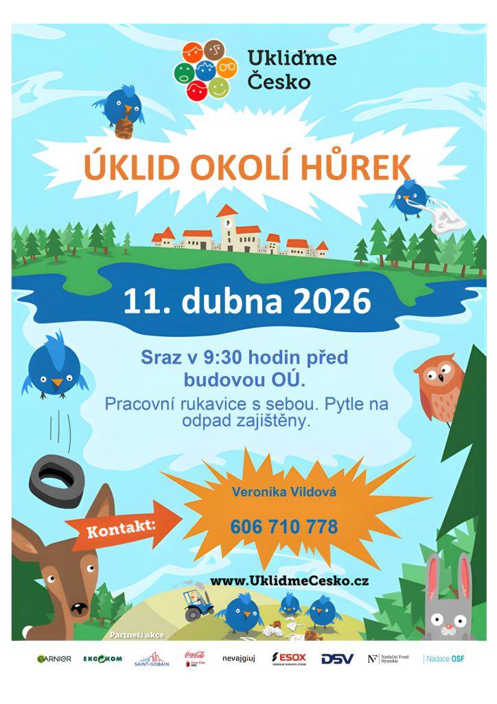 Zveme všechny občany na úklidovou akci, která se koná v sobotu 11. dubna 2026. Sraz bude v 9:30 hodin před budovou Obecního úřadu. Rukavice a dobrou náladu s sebou :)  Kontakt: Verča Vildová 606 710 778