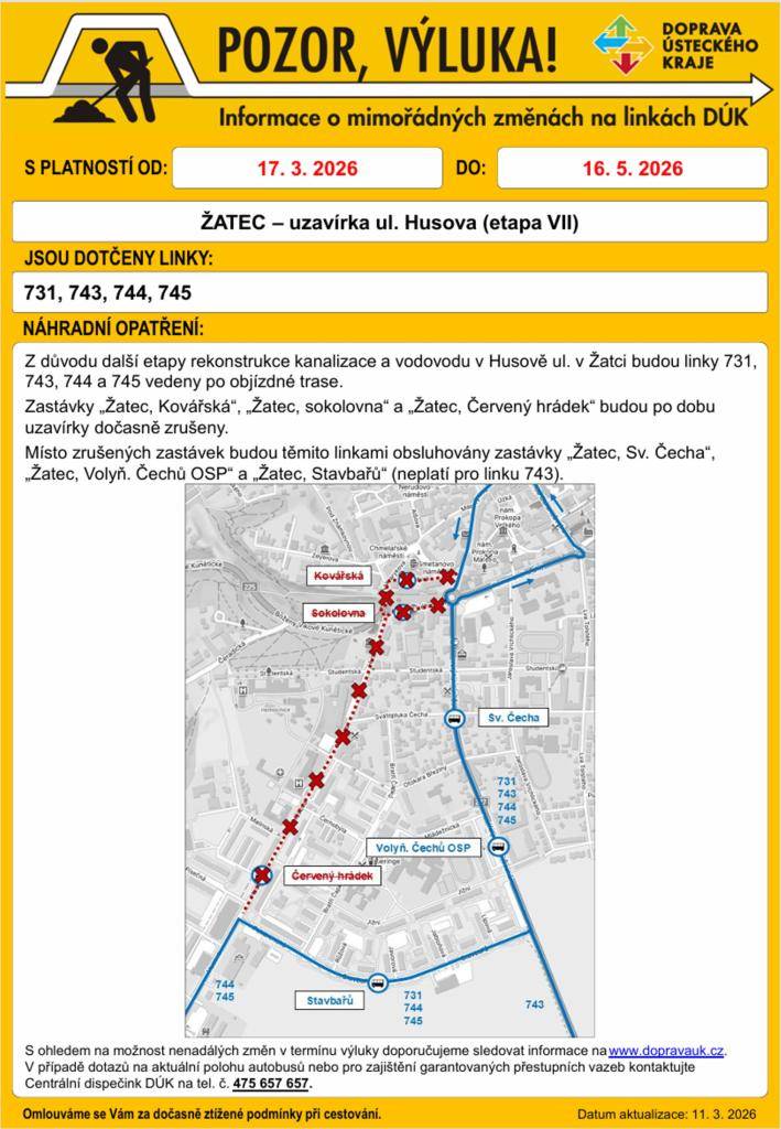 V souvislosti s další etapou rekonstrukce vodovodu a kanalizace v Husově ulici, kterou připravila společnost Severočeské vodovody a kanalizace v termínu od 17. března do 16. května 2026, dojde ke změnám v autobusové dopravě na některých linkách.