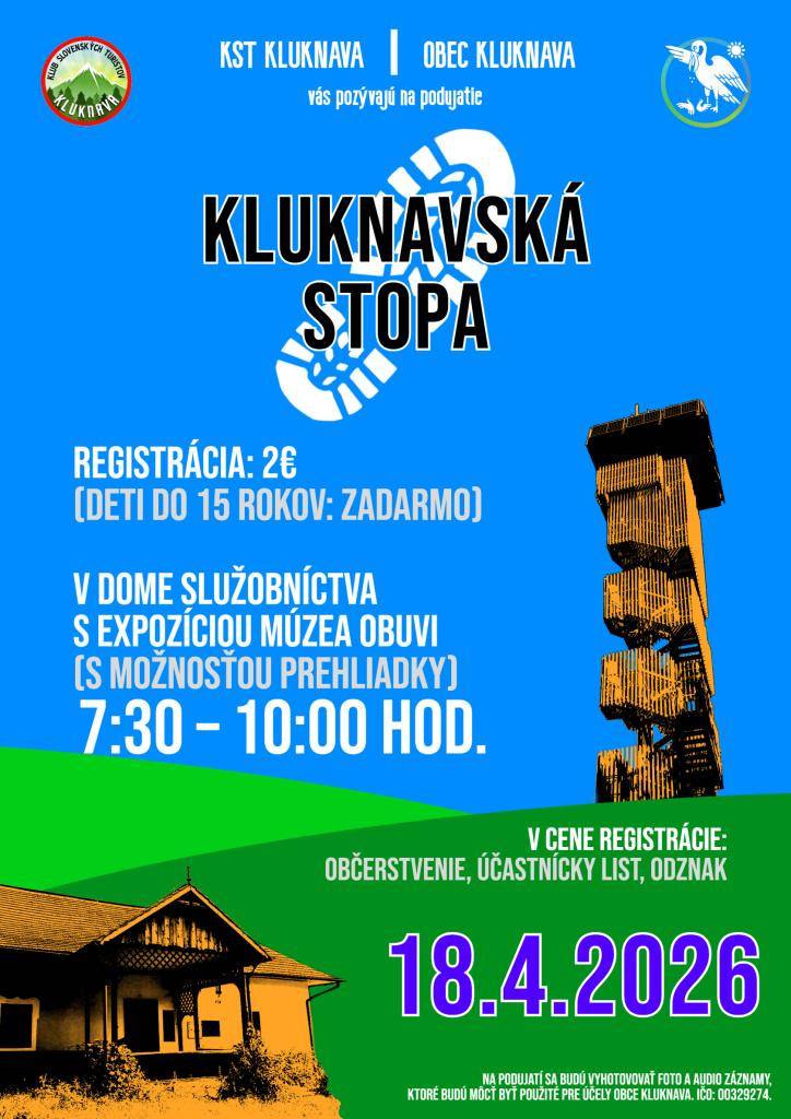 Klub slovenských turistov Kluknava a Obec Kluknava vás pozývajú na podujatie s názvom Kluknavská stopa, ktoré sa uskutoční 18. apríla 2026.